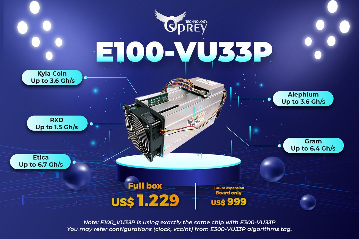 Osprey Fans, rejoice! 
The E100-VU33P by Osprey Electronics is HERE 🎉

Lowering the FPGA entrance cost to $1,229 🔥 
Get started mining crypto today, and upgrade for tomorrow to the full E300-VU33P, now just $2,999! 

This new miner uses the same Xilinx VU33P chip with 440K