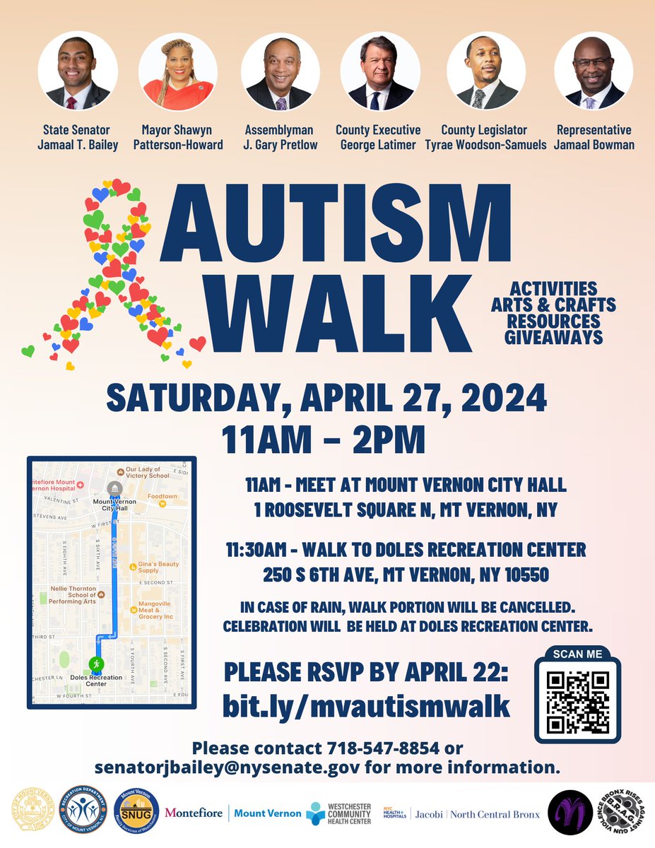 I am pleased to share that my colleagues and having our annual Autism Walk, and I am excited to see everyone there this year. The event will commence at 11 am on April 27th, starting from Mount Vernon's City Hall. We will be walking to the Doles Recreation Center to (1/2)