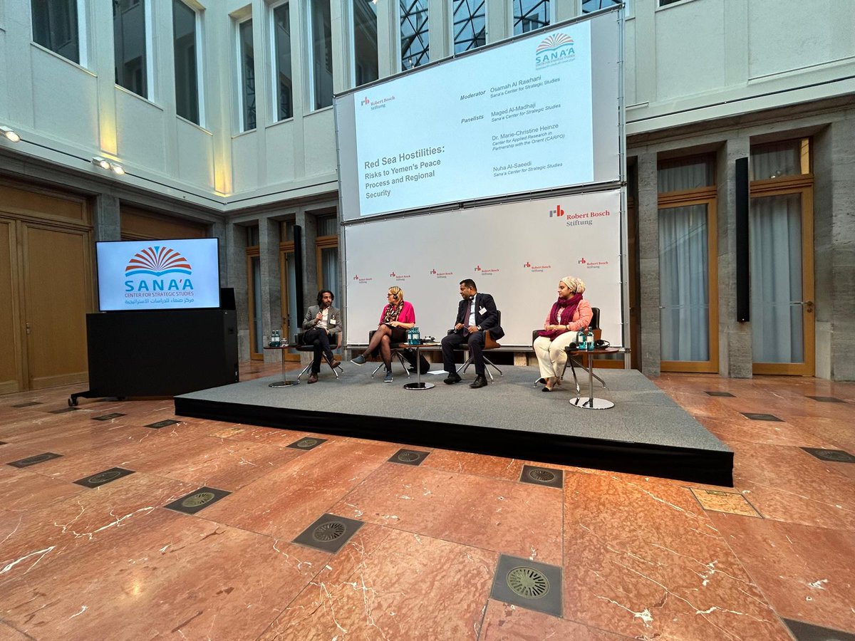 HAPPENING NOW in Berlin: @MAlmadhaji, Nuha Al-Saeedi and @MarieHeinze discuss hostilities in the Red Sea and the risks to Yemen's peace process and regional security. Moderated by @OsamahAlrawhani, and hosted by the Robert Bosch Stiftung.