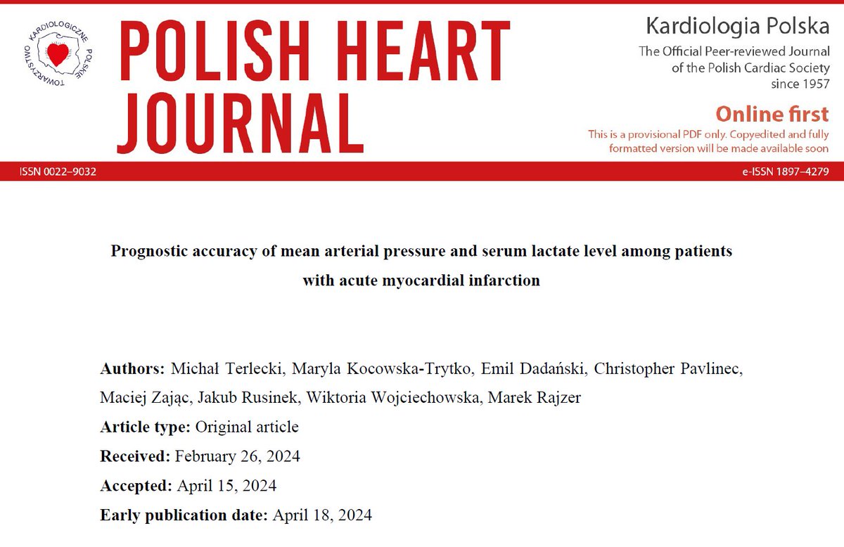 Editors' Insights: Prognostic accuracy of #MAP and serum #lactate level among patients with acute myocardial infarction. tiny.pl/d9dcw #PolishHeartJournal #CardioTwitter #HeartNews #Cardiology @micha_terlecki @JagiellonskiUni