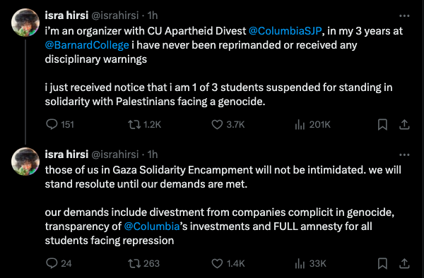 🚨🚨 #BREAKING - Isra Hirsi, the daughter of Minnesota Rep. Ilhan Omar, has been suspended from Barnard College for her involvement in unsanctioned anti-Israel protests on Columbia's campus.