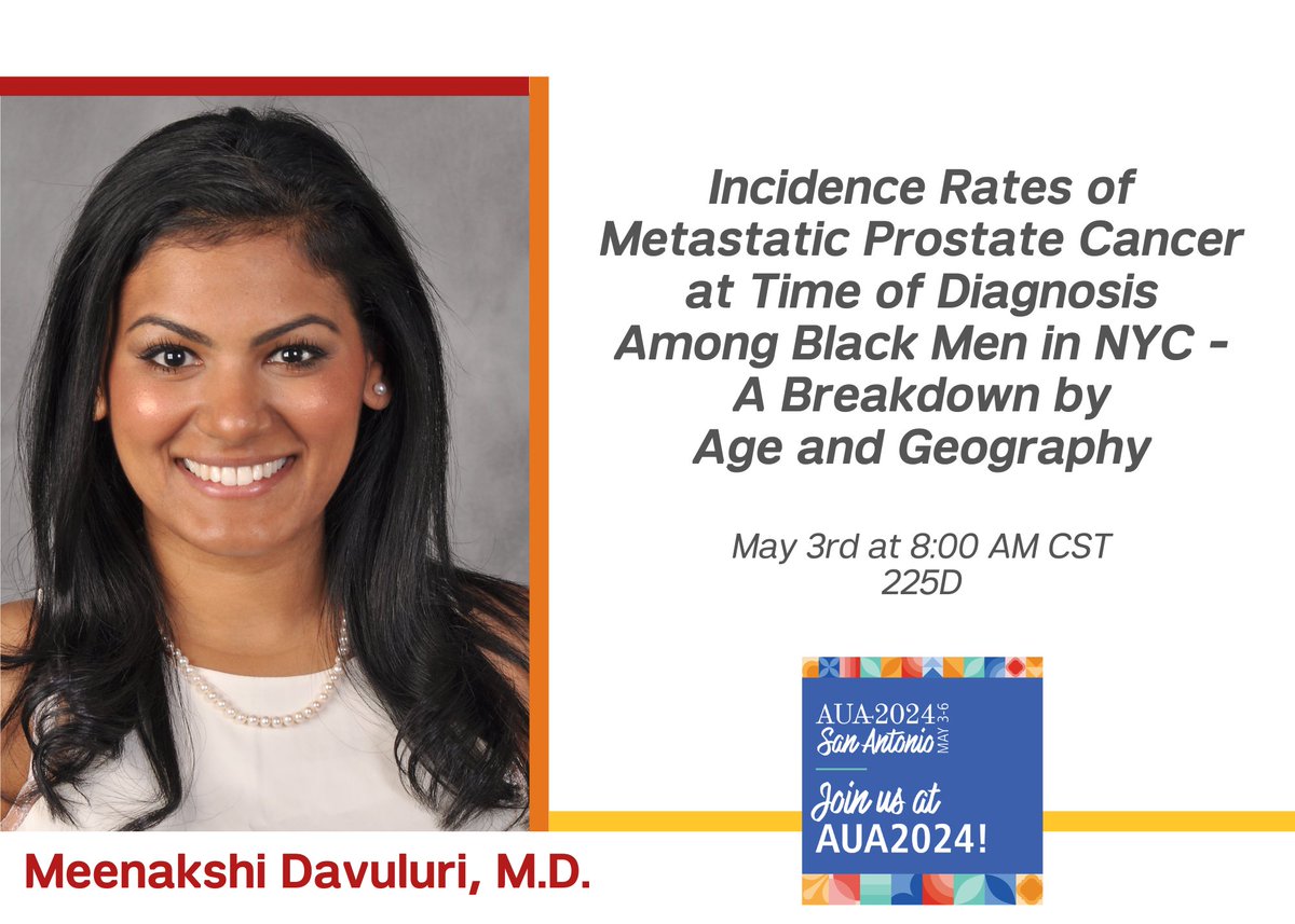 To help kick off #AUA24, join Dr. Meenakshi Davuluri (@MeenaDavuluri) as she speaks about incidence rates of metastatic prostate cancer at the time of diagnosis amongst black men in New York City. To learn more, visit bit.ly/3W3gD1k