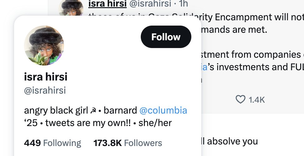 Ilhan Omar's psycho daughter just got suspended from Barnard over her Hamas activism, and she has a Soviet hammer & sickle emoji in her bio + pronouns. Perfection.