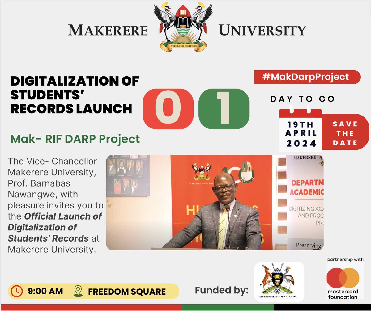 'This is one of the most important projects @Makerere.' ~ VC @ProfNawangwe #MakDarpProject Join us for the launch tomorrow at the Freedom Square as you get to learn about the state of the art technology deployed for students' records digitisation.