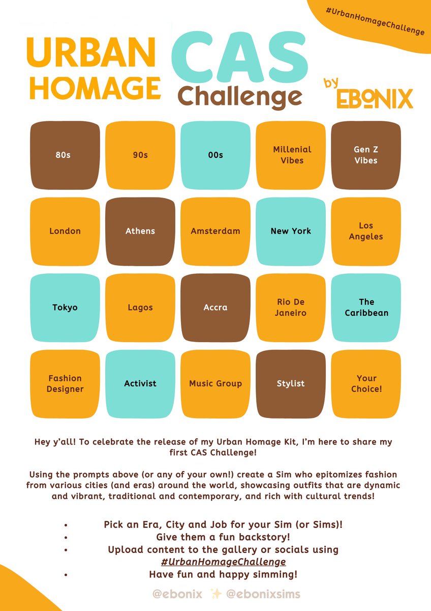 SULAY SULLAAYYY YALL!

The #UrbanHomageKit is finally here! I can't WAIT to see all of your beautiful sims! 

Here's a challenge for you, so we can see all of your beautifully vibrant and culture rich sims using the kit!

Tag #UrbanHomageChallenge so I can feature &amp; follow you!