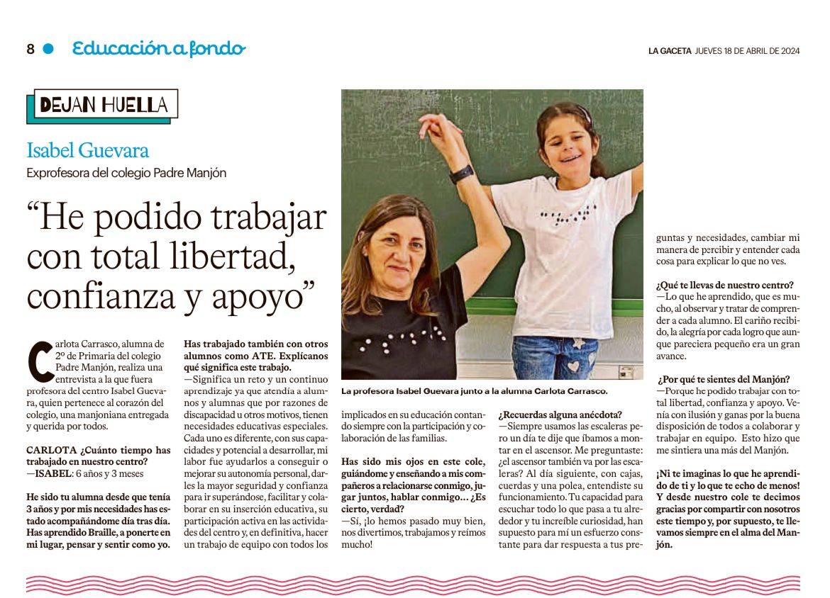 PadreManjon's tweet photo. ♥️Grandes profesionales que dejan huella en nuestro colegio ♥️

Hoy salimos en el periódico con una gran entrevista. ¡No te la pierdas! 

#yosoydelmanjón #educaciónpública https://t.co/E830swxKU6