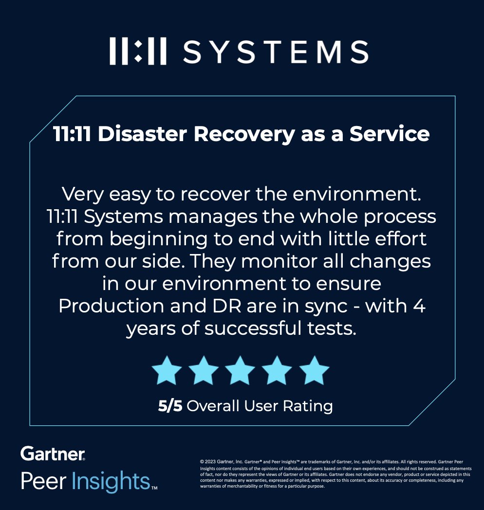 ⭐ ⭐ ⭐ ⭐ ⭐ It's always a delight to hear positive customer feedback! Learn more about why this customer in the services industry selected 11:11 Systems for its disaster recovery needs in the complete review: gartner.com/reviews/market…​ ​​ 5/5 Overall User Rating as of 4/18/24