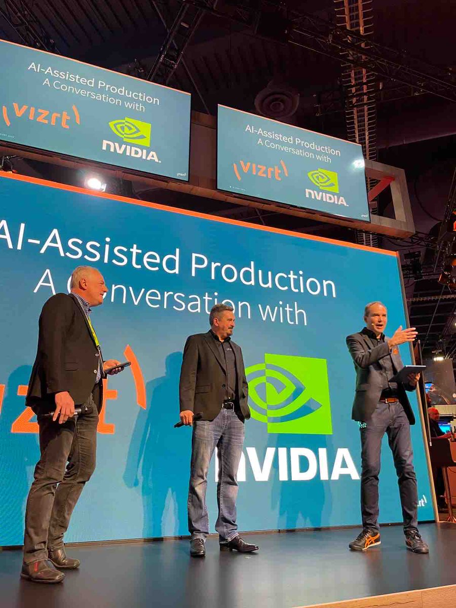 vizrt's tweet photo. At the #NABShow we had NVIDIA’s Thomas True on the #Vizrt stage for a conversation with our CTO, Gerhard Lang, on #AIAssistedProduction. 🤩
If you missed it, check out our recent webinar with NVIDIA that addresses how to elevate #virtualproductions: https://t.co/FoCrbAKFoQ 🙌 https://t.co/fiMFMZ4cKz