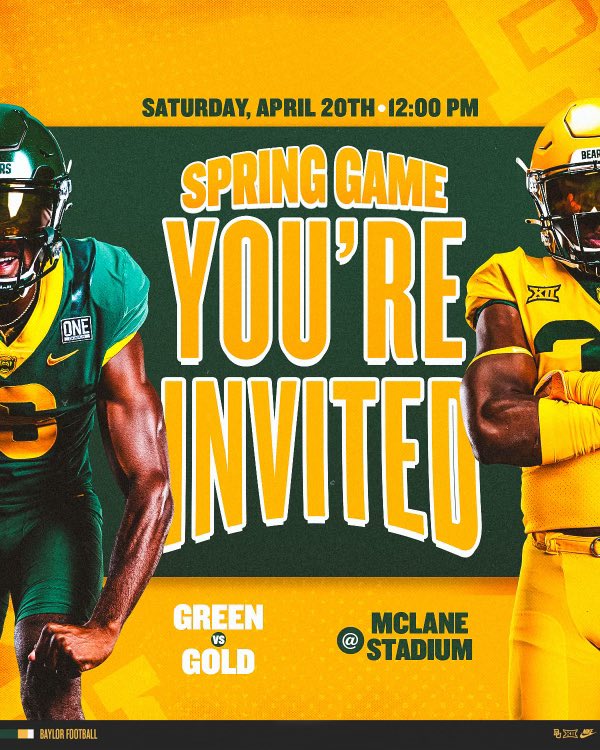 I will be at Baylor spring game on April 20th. Thanks for the invite! @TRUHuntPerform @ahunt90 @CoachDBaker81 @AppleberryBU @LarryBaylorFB @WGHSFootball @coachtallison @SkysTheLimitWR