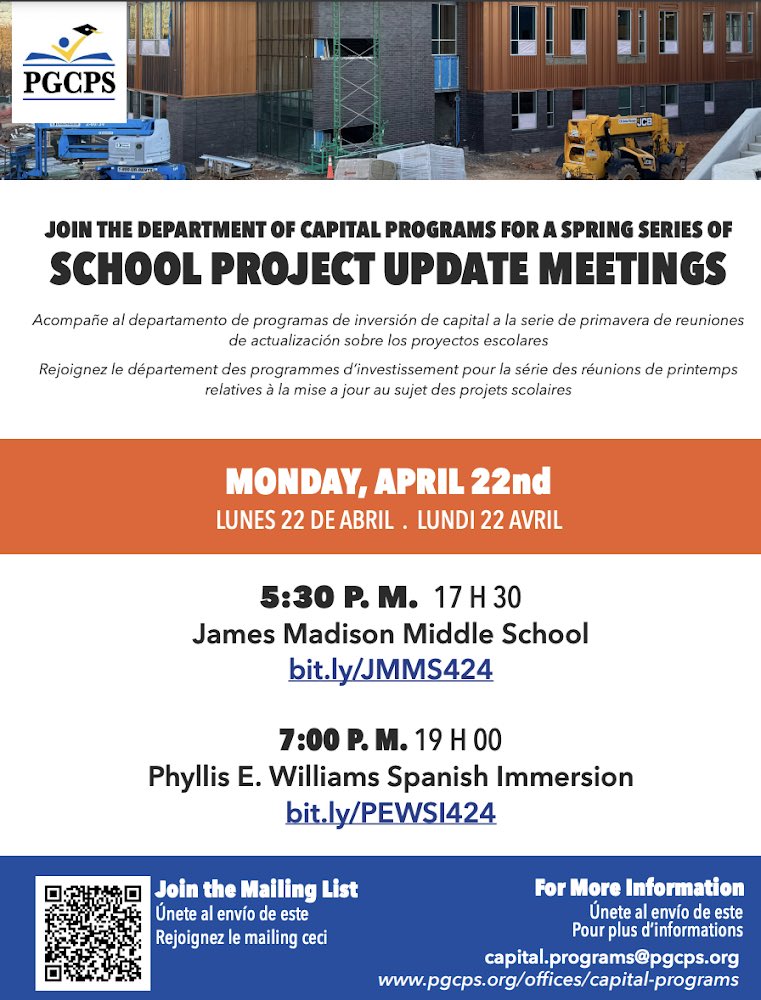 Join Capital Programs for spring project update meetings for James Madison MS & Phyllis E. Williams Spanish Immersion on Monday April 22.  James Madison MS Registration: bit.ly/JMMS424 Phyllis E. Williams Spanish Immersion Registration: bit.ly/PEWSI424