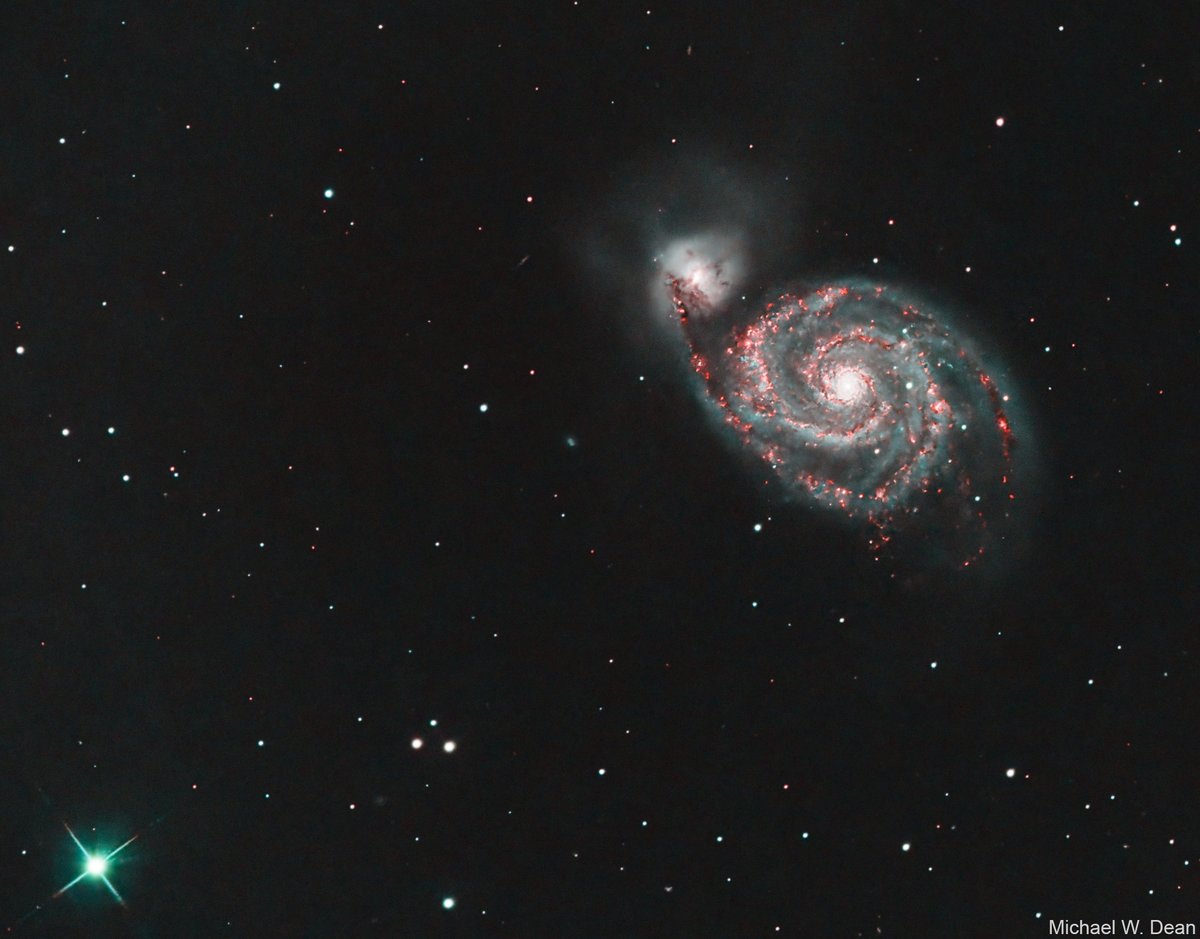 Whirlpool Galaxy I shot last night in Ha/OIII near in the sky to bright Moon. 

3 hours 20 minutes integration. 1000mm. 

#astrophotography #space #GalaxySeason 

Going to shoot more tonight, then combine with the 2 nights of OSC I did of this target last week.