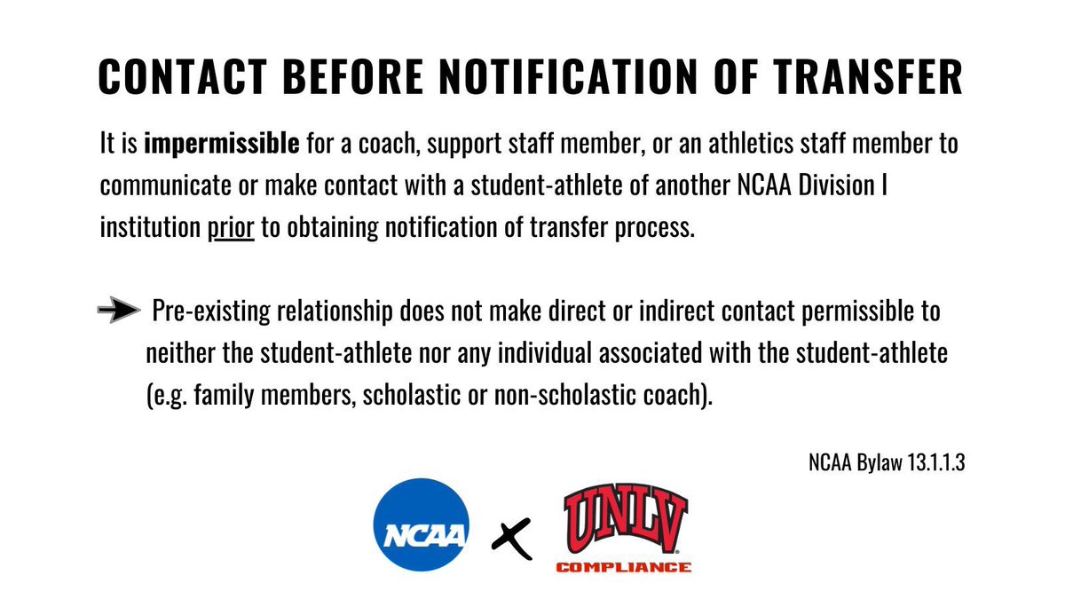 Confirm before you contact! 

A student-athlete must be 𝗮𝗰𝘁𝗶𝘃𝗲 in the transfer portal prior to having recruiting contact. ✅