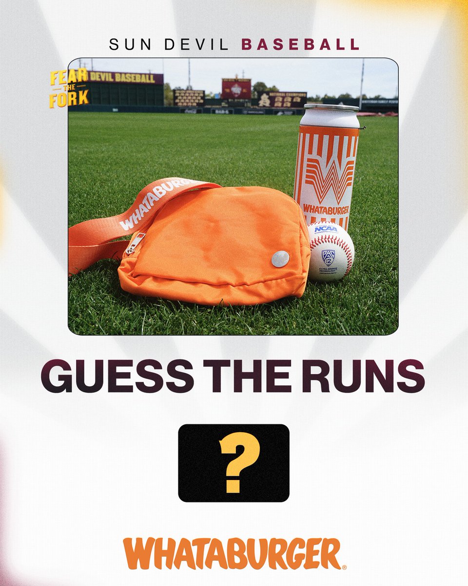 Hey Sun Devils! Can you guess the total number of runs ASU will score this weekend against UCLA? Comment with your best guess. One lucky fan will win an Orange Belt Bag and Igloo 16ox Tumbler, courtesy of Whataburger!