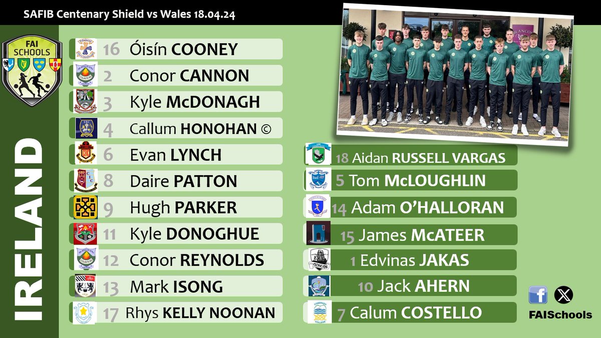 💚🤍🧡 𝐓𝐄𝐀𝐌 𝐍𝐄𝐖𝐒 

🗒️ STARTING XI 🆚 🏴󠁧󠁢󠁷󠁬󠁳󠁿

Honohan ©️ &amp; debut starts for Cannon &amp; Isong

🏫 <a href="/carndonaghcs/">Carndonagh Community School</a> 
🏫 <a href="/ricecollege/">Rice College, Westport ...an Edmund Rice School</a> 
🏫 <a href="/StAttractasCS/">STAttractasCS</a> 
🏫 <a href="/erccarrigaline/">Edmund Rice College - An ERST school</a> 
🏫 <a href="/CBC_AFC/">CBC Soccer</a> 
🏫 <a href="/cicsummerhill/">Summerhill College</a> 
🏫 @templecarrigGS 
🏫 <a href="/KTCS_Kildare/">KTCS - Kildare Town Community School</a> 
🏫 <a href="/BelvedereSJ/">Belvedere College SJ</a> 
🏫 <a href="/colmuirechaven/">Coláiste Muire RNM</a>