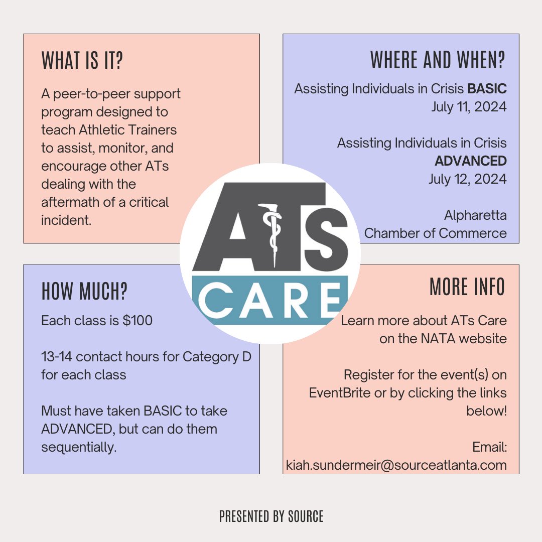 Are you interested in a peer-to-peer support group for Athletic Trainers? AT Cares is the program for YOU! AT Cares is partnering with Source to put on an event designed to offer crisis management training for Athletic Trainers dealing with the aftermath of a critical incident.