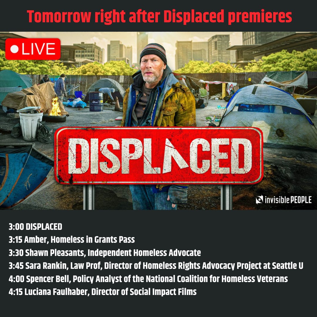 Our social impact film, Displaced, premieres tomorrow at 3 PM Los Angeles time (youtu.be/eww5Ztb0ztY?si…). It will be followed by a live stream with homeless and formerly homeless people, plus criminalization and homeless veterans policy experts. Everyone watching the premiere