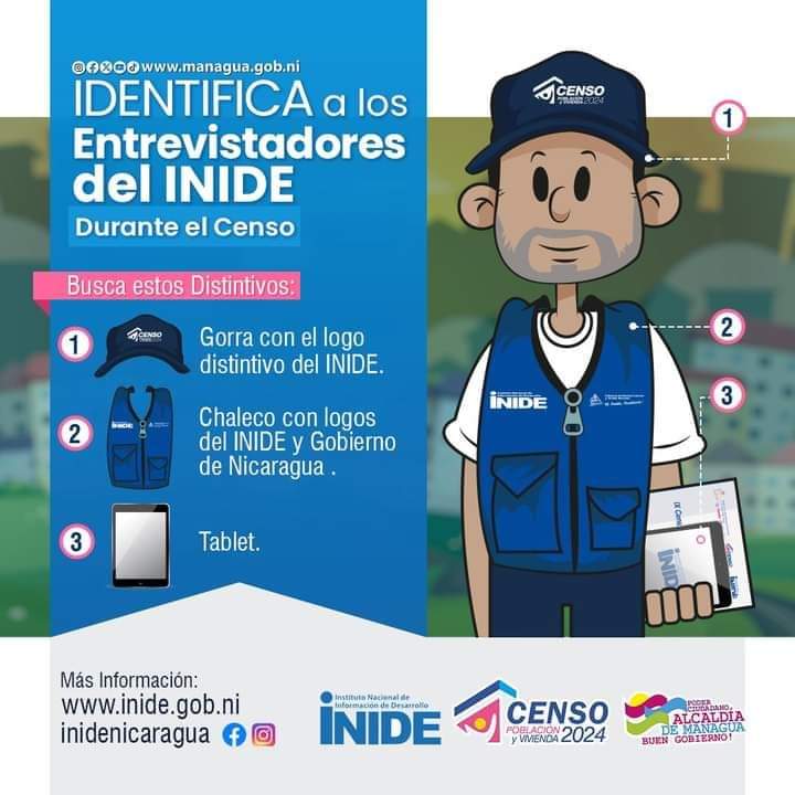 #UnidosEnVictorias #SomosVictoriasVerdaderas El Censo Nacional 2024 ya está. Abre tus puertas y participa. Todos contamos. Identifica a los Entrevistadores del INIDE y sé parte del lanzamiento del Censo Poblacional. Tu participación es importante para contar con datos precisos