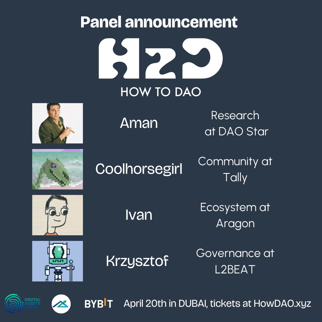 Do you wonder about the future of DAO Governance Delegation? Our panelists @_amanwithwings, @coolhorsegirl2, @TheTakenUser, and @kaerestewill share their thoughts on April 20th at @Bybit_Official HQ in Dubai! Join us on Saturday afternoon! lu.ma/5z2nsob2