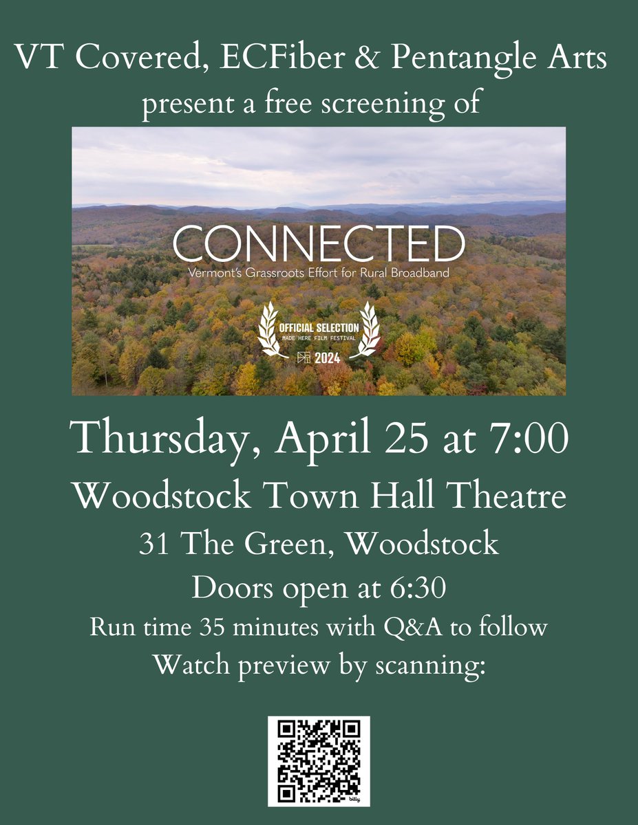 'Connected' is coming to Woodstock! Join us next week for a free screening.
@PentangleArts @ECFiberChair
#ruralbroadband #Vermont #digitalequity