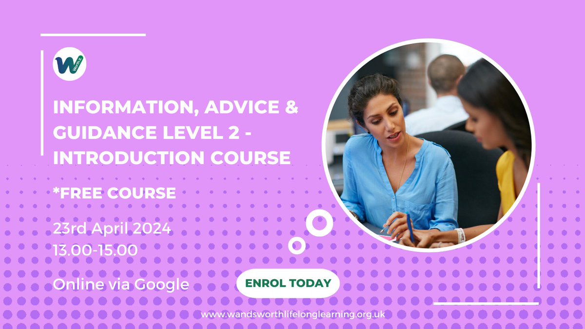 In an advisory role? Learn what can be shared legally & accurately with others with this intro to the L2 #IAG course. Mandatory for enrolment in the full course. Limited places. Register today: wandsworth.picsweb.co.uk/Guest/SignUp/A… #Freecourse, subject to criteria #wandsworthlifelonglearning