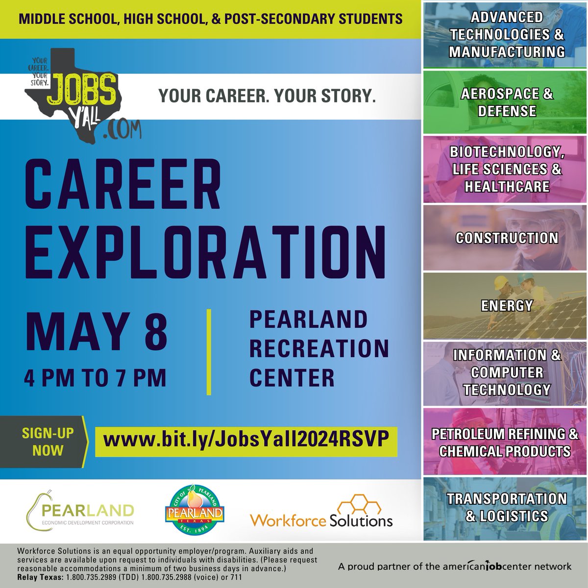 🚀 Unlock your career potential at Pearland Recreation Center (4141 Bailey Rd., Pearland, TX 77584) on May 8! Jobs Y'all wants to help you dive into thriving Texas industries like Biotech, Healthcare, IT, and more! Engage with experts, explore pathways, and ignite your future.…