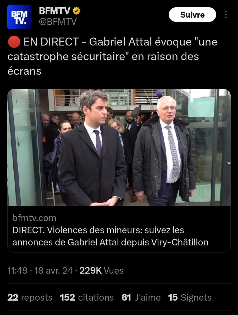 A #ViryChatillon, Gabriel Attal explique que l'insécurité et la violence des mineurs est dûe aux écrans. C'est un constat hors-sol, qui annonce de nombreux morts supplémentaires, car le problème principal n'aura pas été résolu.

En réalité, les 'Jeunes' qui commettent des…