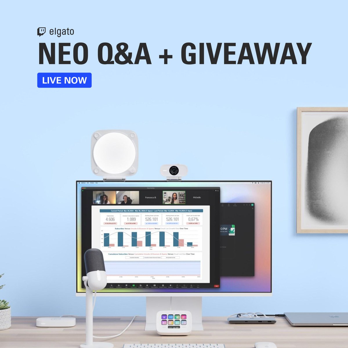 Ready to learn more about Neo? 💬 We're live now with a Q&A and giveaway featuring a special guest, @JFest. 🎁 Neo giveaways ➜ twitch.tv/elgato