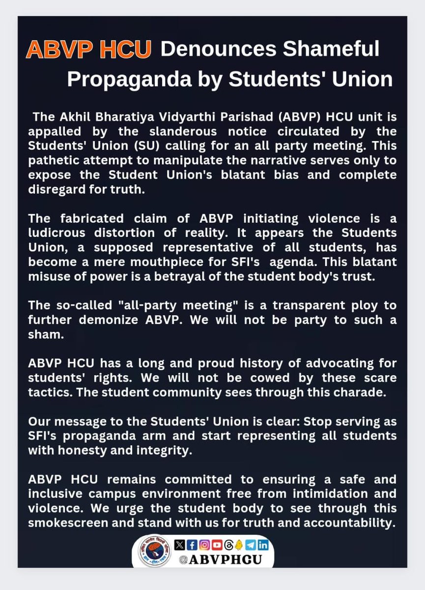 abvphcu's tweet photo. ABVP HCU Denounces Shameful Propaganda by Students' Union

#hcu #education #uoh #activism #uohyd #hyderabad #Students #telangana #india #bharat #SFI #Studentsunion #abvpvoice #fightagainstSFIfakepropaganda https://t.co/7vtsYNfnXZ