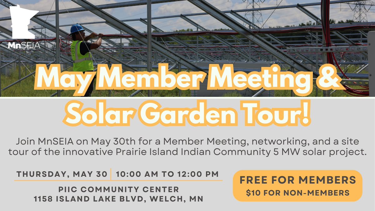We at @Mn_SEIA are so excited about our May member meeting! Join us at @PrairieIsland_ to get a sneak peek at their innovative net-zero project that includes a 5MW solar development. Register 👉 members.mnseia.org/ap/Events/Regi… #GoSolar #Solar #SolarEnergy #EnergyStorage #EnergyTwitter