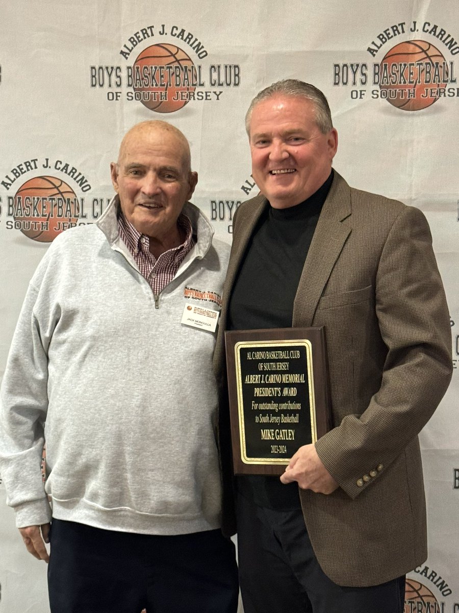 Congratulating Mike Gatley, AD of Mainland Regional High School on receiving the Albert J. Carino Memorial President’s Award for outstanding contribution to South Jersey Basketball!  (Pictured with Al Carino President Jack Mongulla) #MikeGatley #MainlandRegional #PresidentsAward