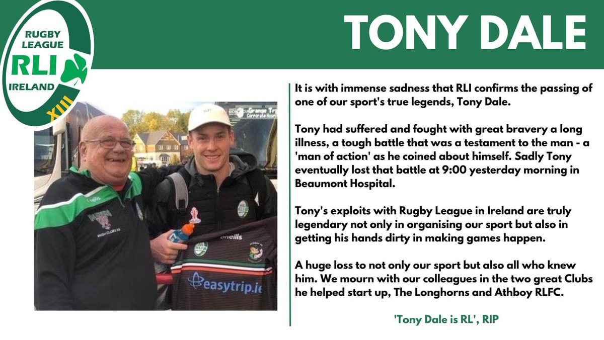 🍀 It is with immense sadness that RLI confirms the passing of one of our sport's true legends Tony Dale Rest in peace Tony 🟢⚪️ Ní neart go cur le chéile