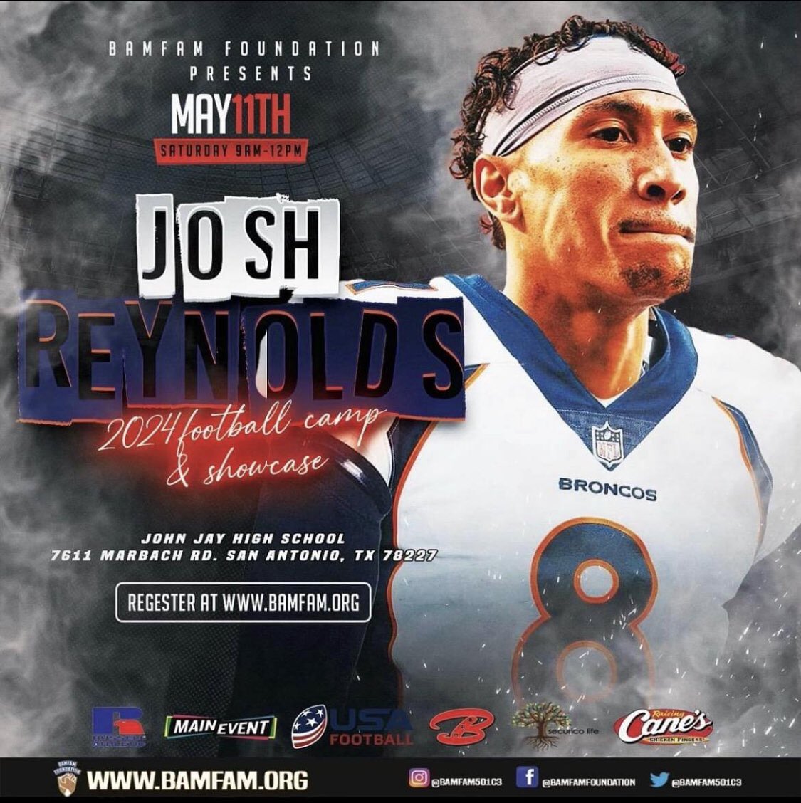 NFL Denver Bronco WR & John Jay Mustang Josh Reynolds will be hosting a free football camp for 3rd graders -12th graders at John Jay HS, May 11th.