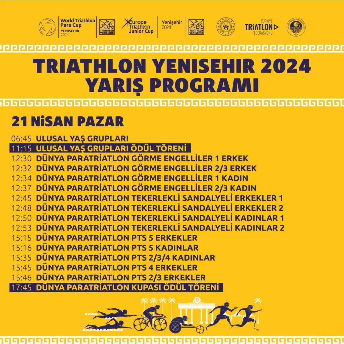 Belediyemiz ve Türkiye Triatlon Federasyonu iş birliğiyle 20-21 Nisan tarihlerinde kentimizde düzenlenecek Dünya Paratriatlon Kupası, Avrupa Triatlon Gençler Kupası ve ulusal yarışların programı belli oldu. Tüm hemşehrilerimizi bekliyoruz 🏃‍♂️🚴‍♀️🏊‍♂️ 📍 Yenişehir sahil şeridi (