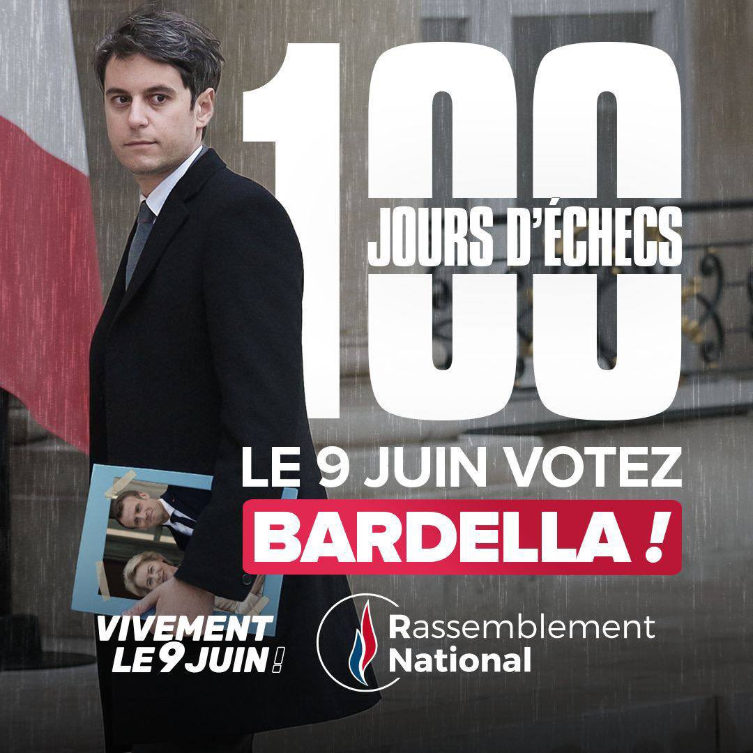 🔴 100 jours à Matignon, 100 jours d'échecs pour G. Attal !

Le 1er ministre poursuit la politique dévastatrice de ses prédécesseurs, condamnant nos agriculteurs à la concurrence déloyale, nos jeunes à la violence et les Français à la barbarie. 

Dites stop !

#VivementLe9Juin