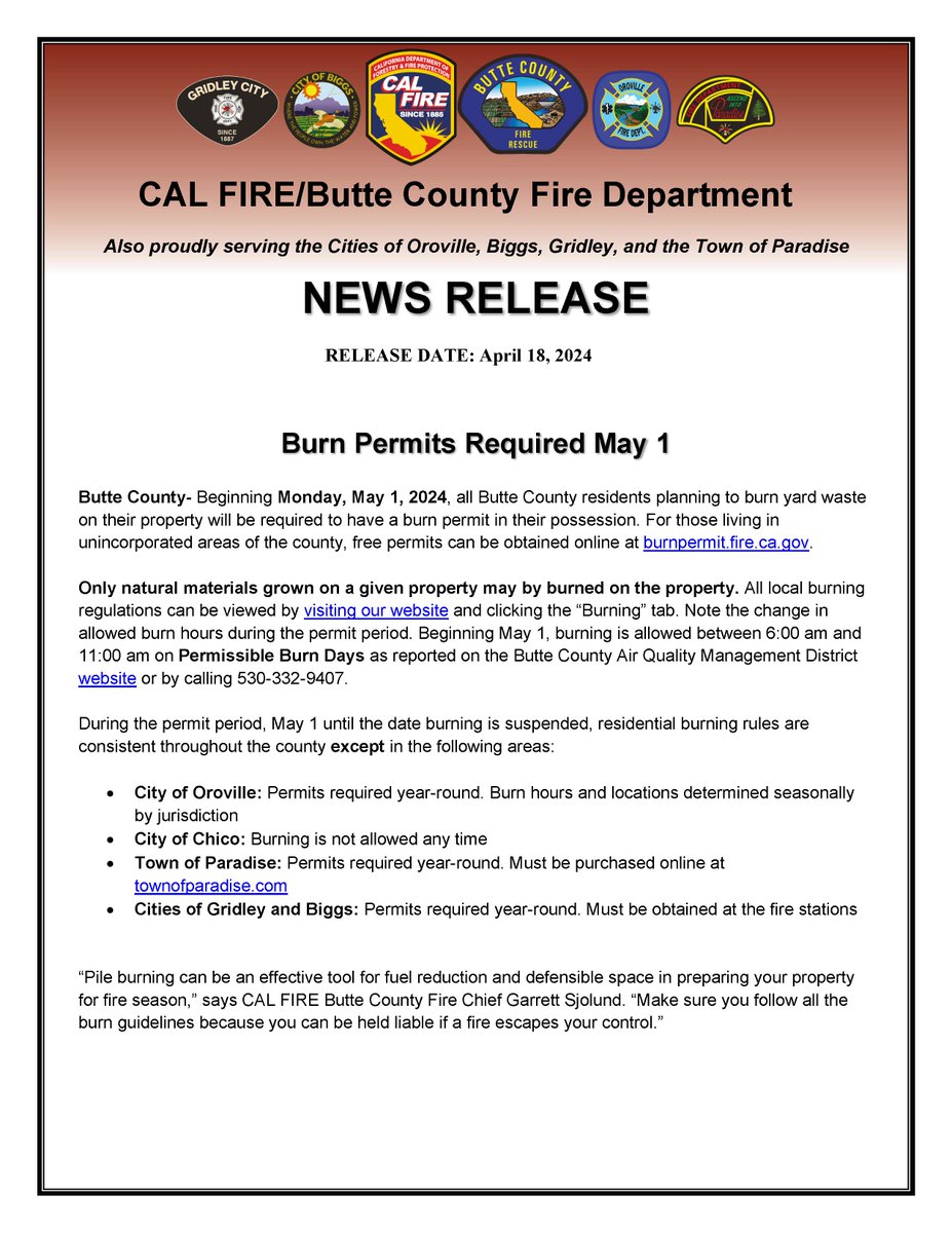 See New Release regarding the requirement of burn permits May 1st.