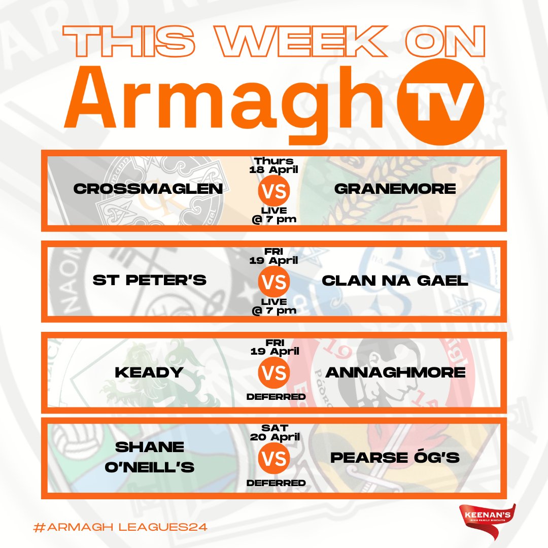 📺 THIS WEEK ON ARMAGH TV:

Have a look at all of the adult league games available to view this week on Armagh TV!

Get your games via: tv.armaghgaa.net

#ArdMhachaAbú #ArmaghTV #ArmaghLeagues24