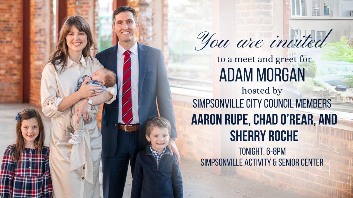 Join us tonight in Simpsonville for a Meet & Greet with City Council Members Aaron Rupe, Chad O’Rear, and Sherry Roche!