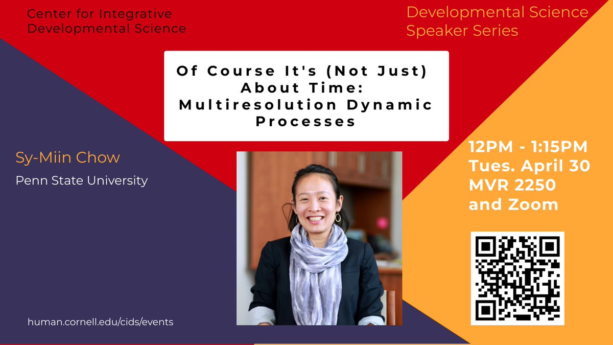 Center for Integrative Developmental Science (@cornellcids) on Twitter photo Join us Tuesday, April 30 (at 12 ET) for this <a href="/CornellCIDS/">Center for Integrative Developmental Science</a> hybrid event. Sy-Miin Chow (Penn State) will be giving a talk entitled, "Of Course It's (Not Just) About Time: Multiresolution Dynamic Processes" <a href="/CornellCHE/">Cornell Human Ecology</a> <a href="/CornellPsychDpt/">Cornell Psychology</a>. Registration: cornell.zoom.us/meeting/regist… Join us Tuesday, April 30 (at 12 ET) for this <a href="/CornellCIDS/">Center for Integrative Developmental Science</a> hybrid event. Sy-Miin Chow (Penn State) will be giving a talk entitled, "Of Course It's (Not Just) About Time: Multiresolution Dynamic Processes" <a href="/CornellCHE/">Cornell Human Ecology</a> <a href="/CornellPsychDpt/">Cornell Psychology</a>. Registration: cornell.zoom.us/meeting/regist…