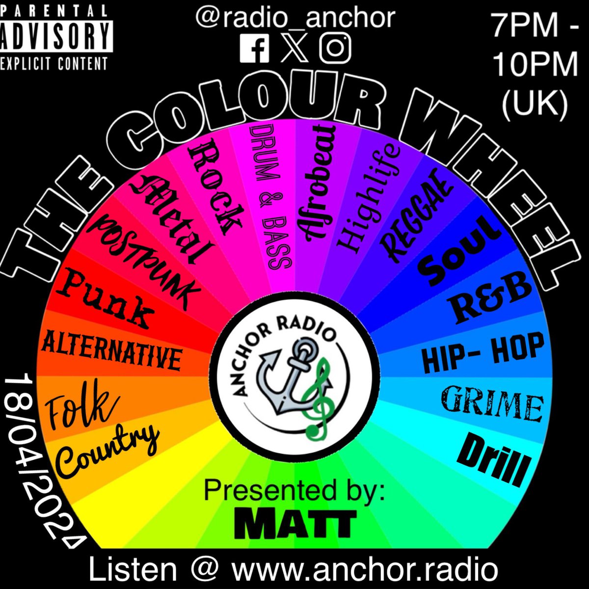 Add a soundtrack to your Thursday evening by tuning into The Colour Wheel! Let @matt02392 take you on a journey of musical discovery from 7PM (UK) Listen @ anchor.radio