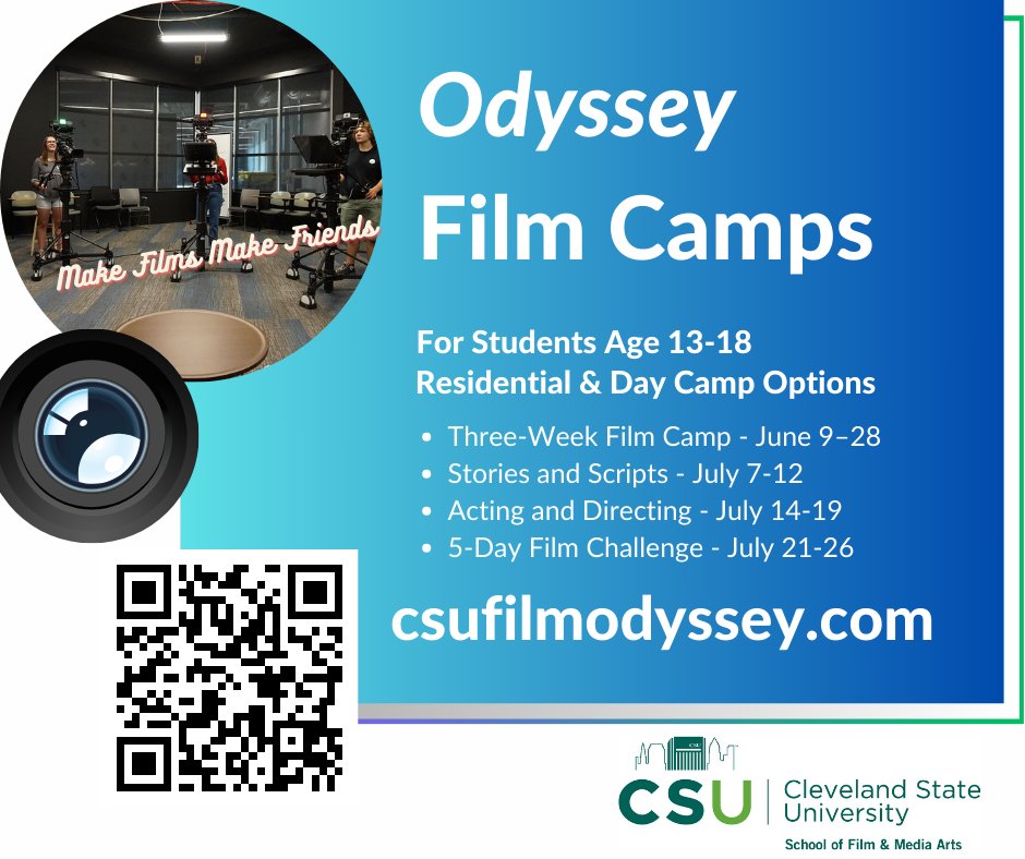 Registration open! Odyssey Film Camps offer a range of programs for high school students interested in filmmaking. #filmcamp #filmschool #cleveland #playhousesquare #clevelandstate #csu #csufilm #csufma #csufilmodyssey #film #acting #screenwriting #summercamp #camp #filmmaking