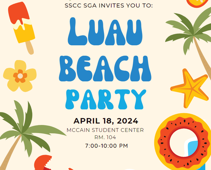 Tonight is the Luau Beach Party, hosted by the SGA! Students, come by the McCain Student Center at 7 PM for an evening of fun! #SneadState #CommCollege #luau