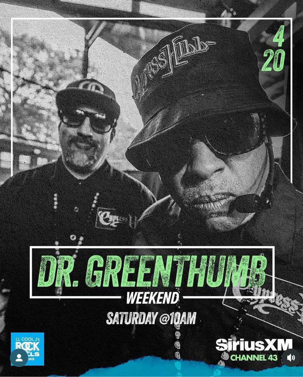 Rock The Bells Radio is going GREEN on 420 Weekend! Check in w/ Dr Greenthumb on @siriusxm Channel 43, i’ll be playing some of my favorite 🌳🌳🌳💨💨💨 - inspired songs, mixes, interview clips from the Dr. Greenthumb Show 🔊. Tune in Saturday (4/20) beginning at 10am ET or, if…