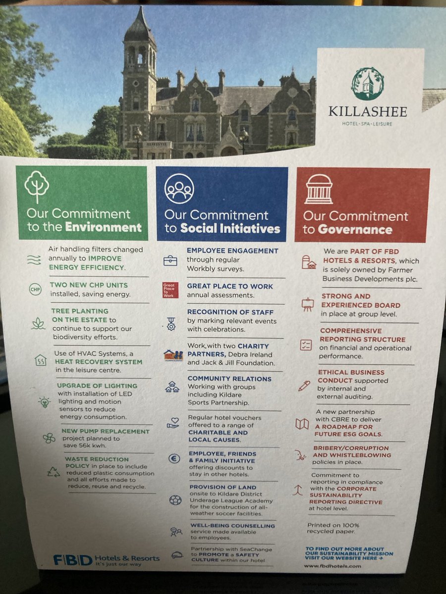 TinaODwyer's tweet image. The most comprehensive sustainability statement that I’ve seen in a hotel room yet @killasheehotel #killashee #kildare #thetourismspace #lgtourism2024 ⁦⁦⁦@FBDHotels⁩