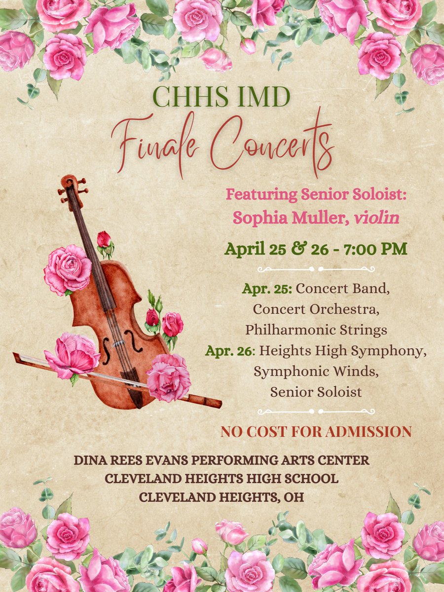 The Heights High IMD invites the community to their Spring Finale Concerts on April 25 and 26 at 7:00 p.m. in the high school's auditorium. The Friday concert will feature violinist Sophia Muller, the concertmaster of the Heights High Symphony. Read more>> bit.ly/3vZQ9mR