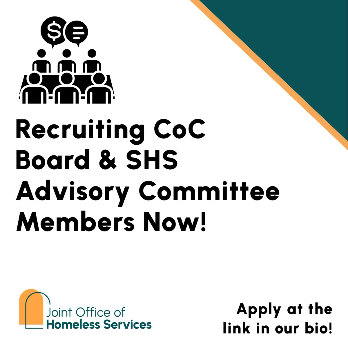 The Joint Office of Homeless Services is recruiting members for our Continuum of Care (CoC) Board and Supportive Housing Services (SHS) Advisory Committee. If you are looking for a way to support the region's effort to end homelessness, please apply at: johs.us/johs-community…