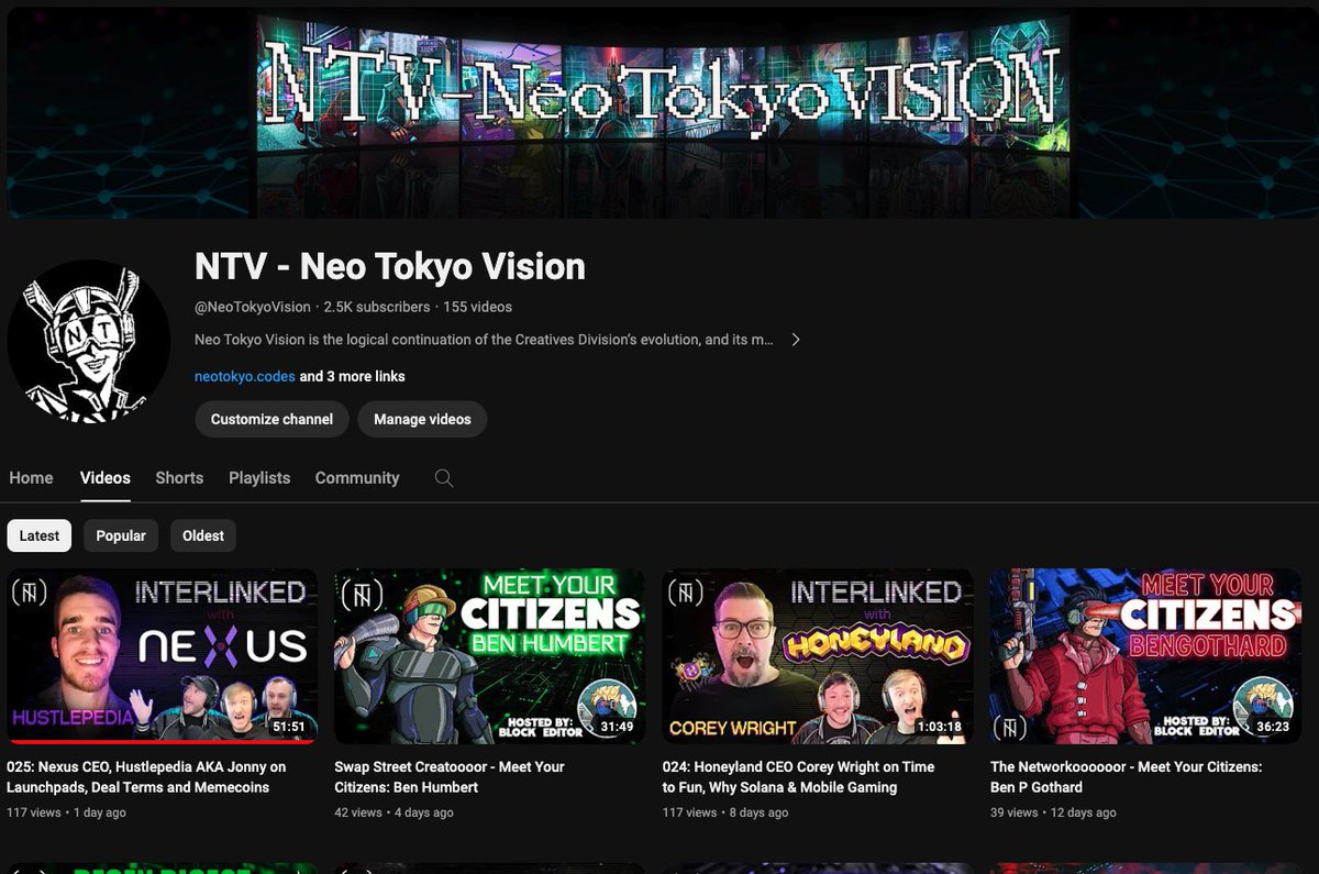 NeoTokyoCode's tweet photo. The NT content engine is firing on all cylinders, bringing you the TOP content in crypto gaming!

We are 33 episodes deep into our flagship podcast, Interlinked, plus 10 eps into Meet Your Citizens and 12 eps of Degen Digest.

NTV is the place to dive into crypto gaming, so don't forget to subscribe: https://t.co/o8D7d34e0E