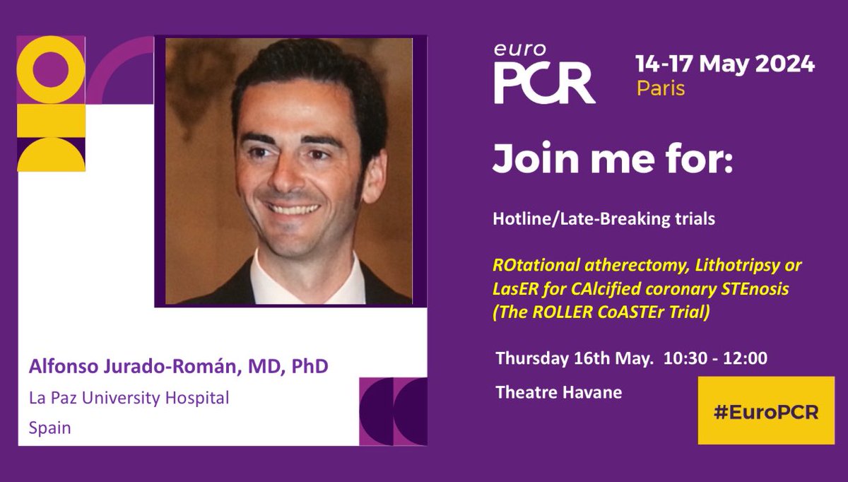 Alfonso Jurado-Román (@juradoromanal) on Twitter photo Join us for the #LateBreakingTrials session at #EuroPCR 2024
ROtational atherectomy, Lithotripsy or LasER for CAlcified coronary STEnosis
The #RollerCoasterTrial
🗓️16May 10:30-12:00
Theatre Havane
<a href="/PCRonline/">PCRonline 🫀</a> <a href="/Hemodin_LaPaz/">Hemodinamica_LaPaz</a> <a href="/CardioHULP/">Cardiología La Paz</a> <a href="/RaulmorenoMD/">Raul Moreno</a> <a href="/hemodin90/">Guillermo Galeote</a> <a href="/AntonioGomezM21/">Antonio Gomez Menchero</a> Join us for the #LateBreakingTrials session at #EuroPCR 2024
ROtational atherectomy, Lithotripsy or LasER for CAlcified coronary STEnosis
The #RollerCoasterTrial
🗓️16May 10:30-12:00
Theatre Havane
<a href="/PCRonline/">PCRonline 🫀</a> <a href="/Hemodin_LaPaz/">Hemodinamica_LaPaz</a> <a href="/CardioHULP/">Cardiología La Paz</a> <a href="/RaulmorenoMD/">Raul Moreno</a> <a href="/hemodin90/">Guillermo Galeote</a> <a href="/AntonioGomezM21/">Antonio Gomez Menchero</a>