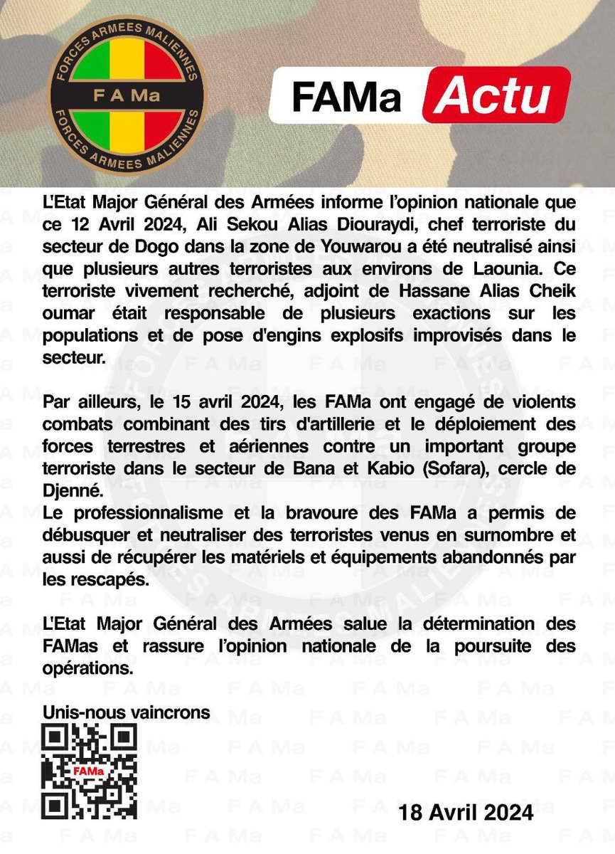 Africainlibr's tweet image. Ali Sekou Alias Diouraydi, chef terroriste du secteur de Dogo dans la zone de #Youwarou, a été neutralisé ainsi que plusieurs autres terroristes selon le communiqué de la #DIRPA.