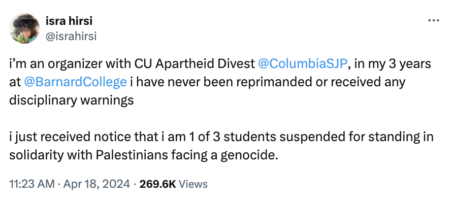 Ilhan Omar's daughter suspended from Columbia for her leadership role in unsanctioned antisemitic and pro-terror protests. My only question is, why only now, and why only a suspension? She should be expelled. I'll happily pay for a ticket to Gaza for her.