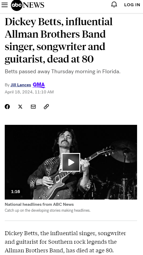 'The legendary performer, songwriter, bandleader and family patriarch passed away earlier today at his home in Osprey, FL., surrounded by his family.'

abcnews.go.com/GMA/dickey-bet…